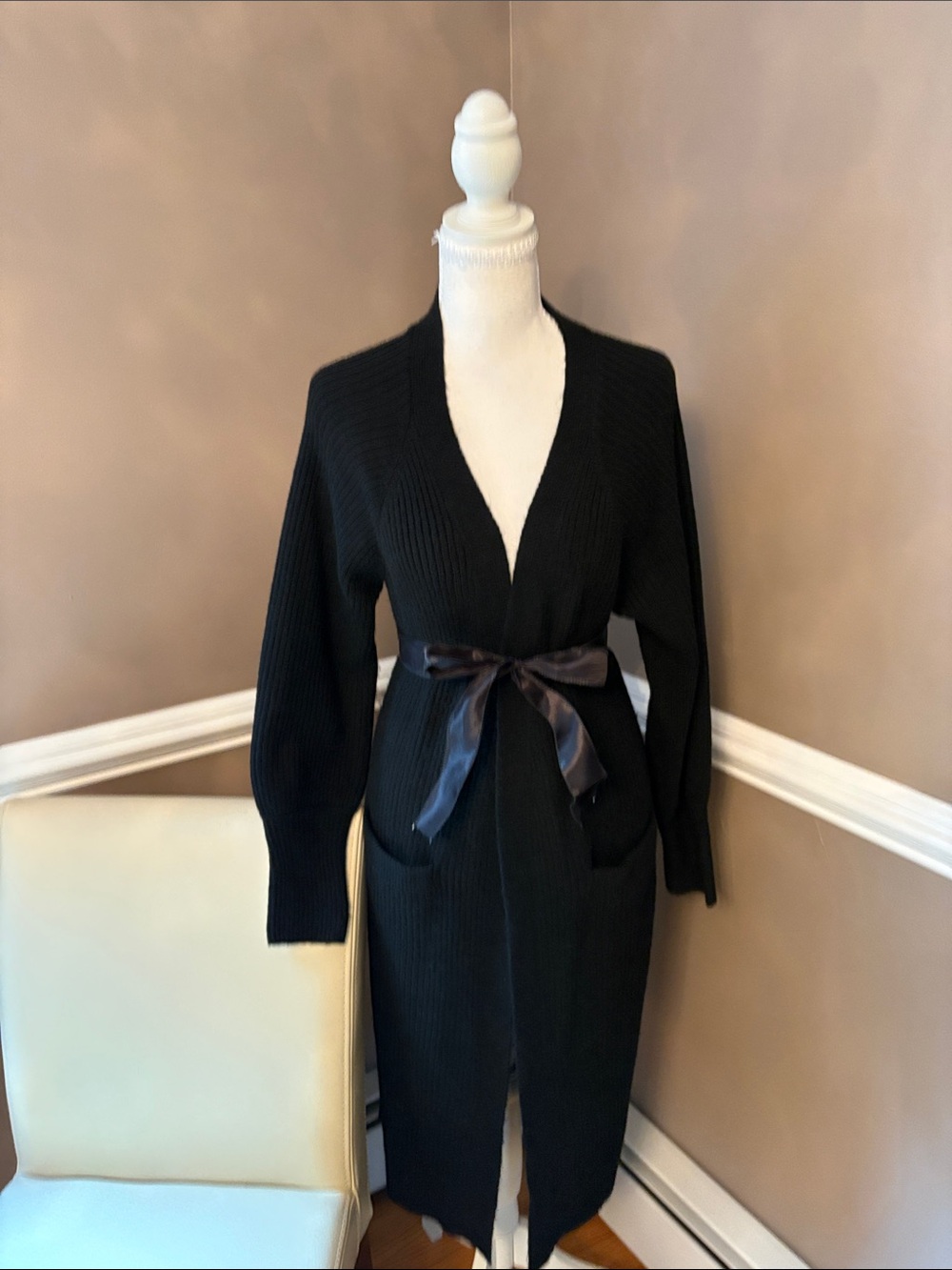 Long Black Ribbed Knit Cardigan with Satin Tie